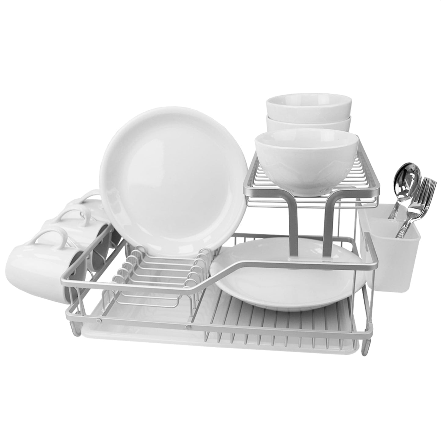 Michael Graves Elevated 2 Tier  Aluminum Dish Rack with Anti-Skid Feet and Removable Utensil Holder, Grey