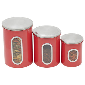 3 Piece Stainless Steel Top Canisters with Windows, Red