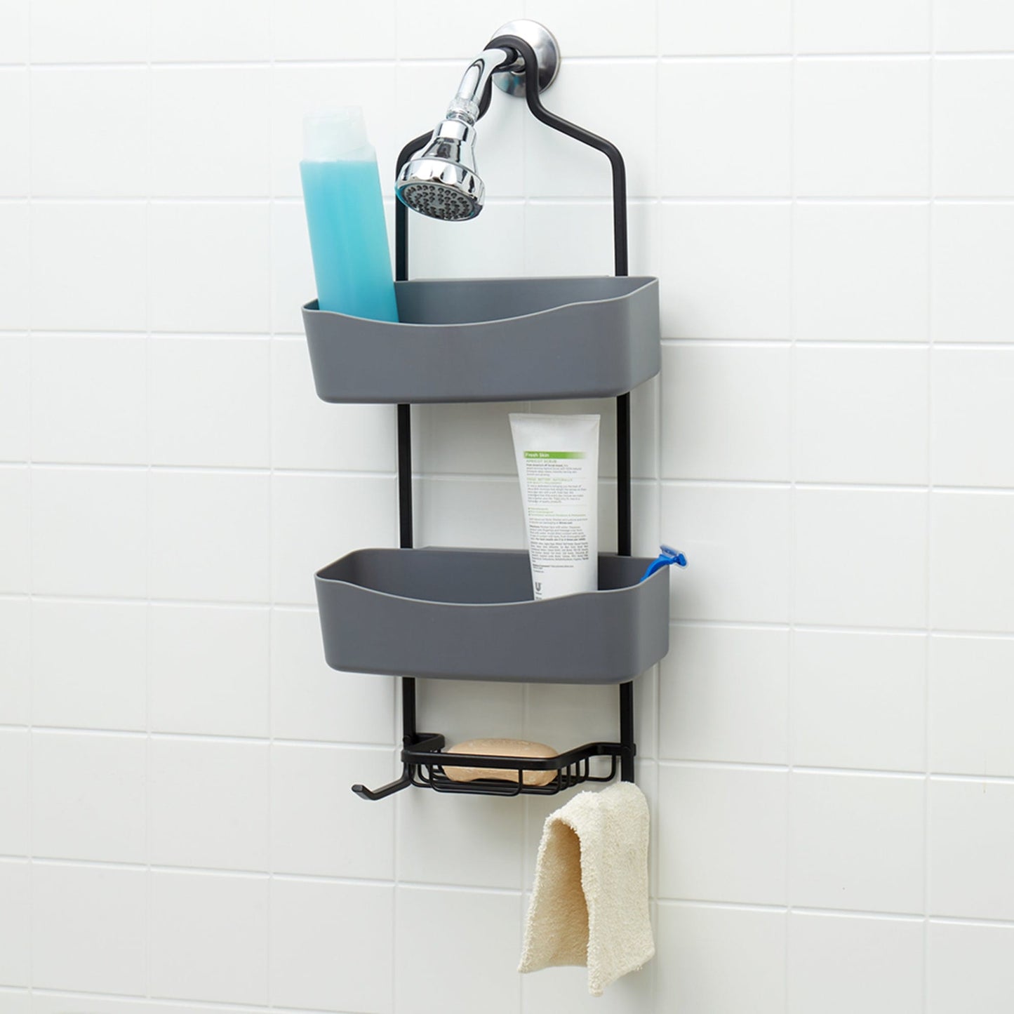 2 Tier Shower Caddy with Plastic Shelves, Grey