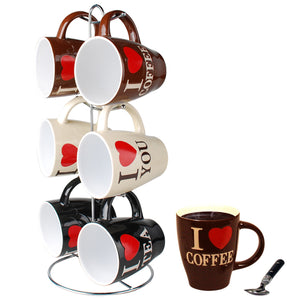 I Love Coffee 6 Piece Mug Set with Stand