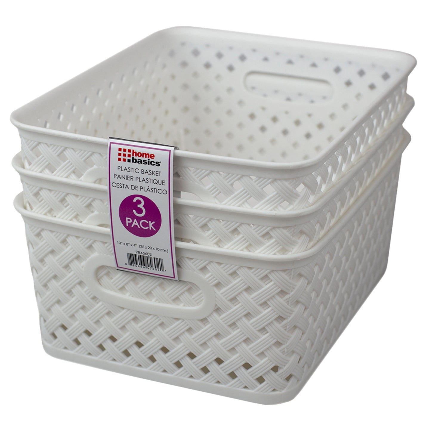 Home Basics Triple Woven 10" x 7.75" x 4" Multi-Purpose Stackable Plastic Storage Basket, (Pack of 3), White - White