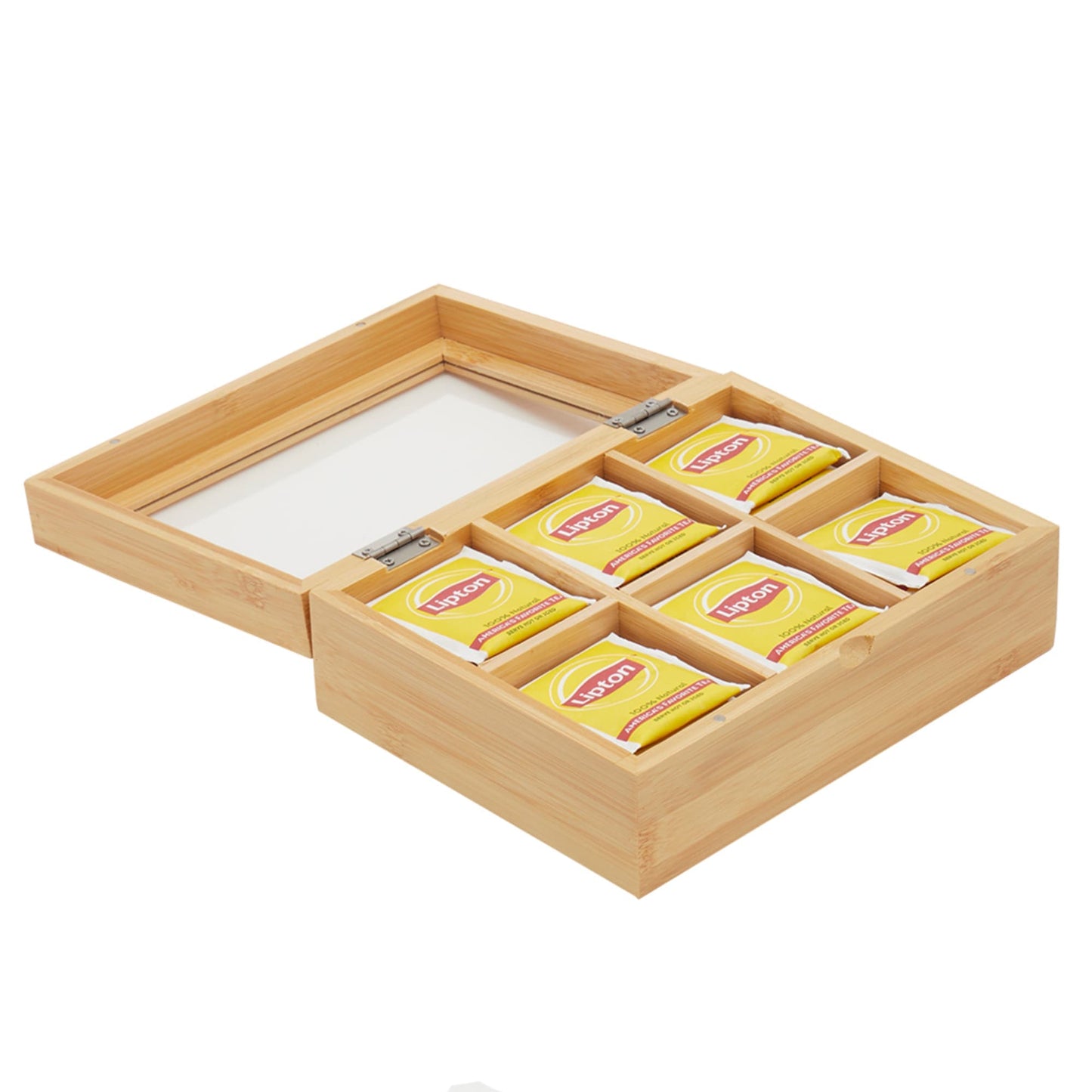 6  Compartment Bamboo Tea Bag and Coffee Accessories Storage Organizer with Transparent Glass Lid, Natural