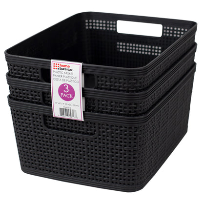 Home Basics Trellis 10" x 7.25" x 4.25" Multi-Purpose Stackable Plastic Storage Basket, (Pack of 3), Black - Black