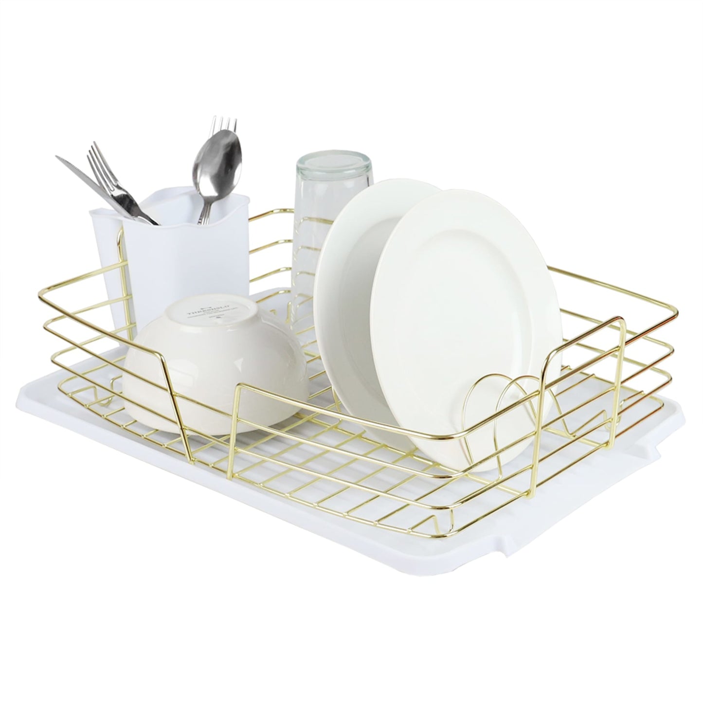 Michael Graves Design Deluxe Dish Rack with Gold Finish and Removable Utensil Holder, White/Gold