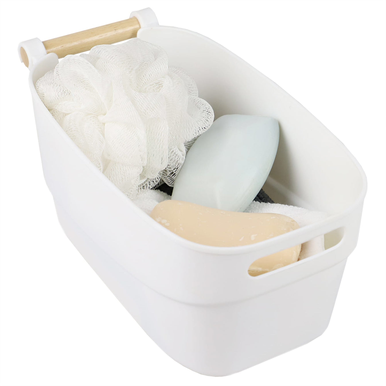 Small Plastic Basket with Wooden Handle, White | STORAGE ORGANIZATION ...