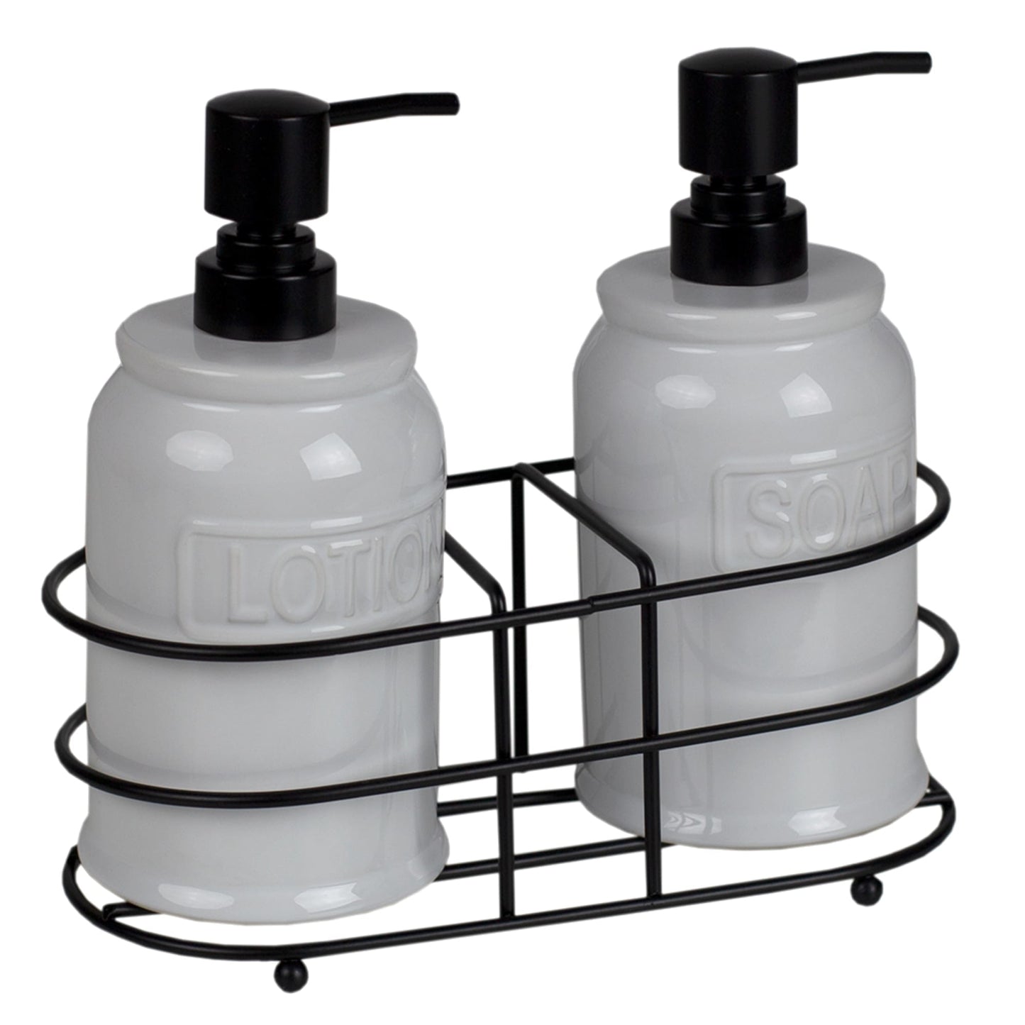 2 Piece Embossed Glazed Ceramic Soap Dispenser with Dual Compartment Metal Rack, White