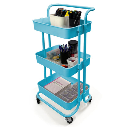 3 Tier Steel Rolling Utility Cart with 2 Locking Wheels, Blue