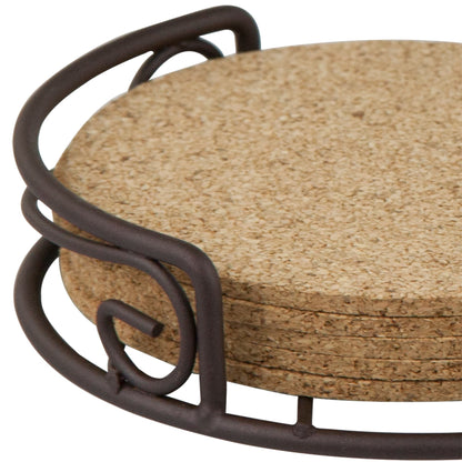 Natural Cork 6 Piece Coaster Set with Scroll Collection Steel Holder