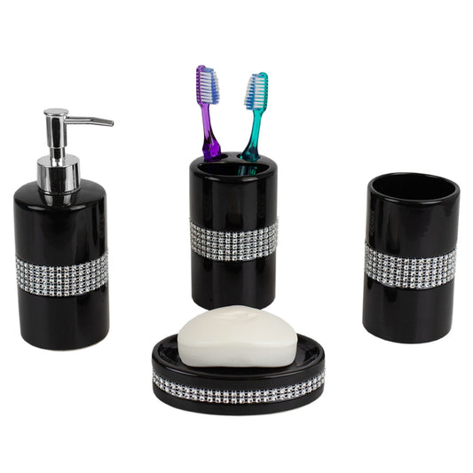 4 Piece  Luxury Bath Accessory Set with Stunning Sequin Accents, Black