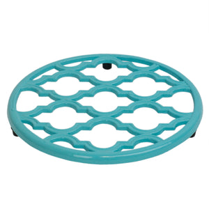 Lattice Collection Round Heavy Weight Multi-Purpose Cast Iron Trivet with Non-Skid Rubber Feet, Turquoise