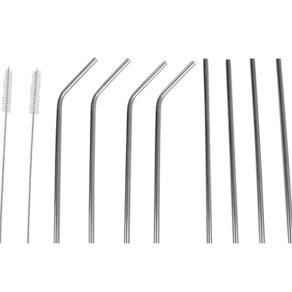 10 Piece Reusable Stainless Steel Drinking Straw Set, Silver
