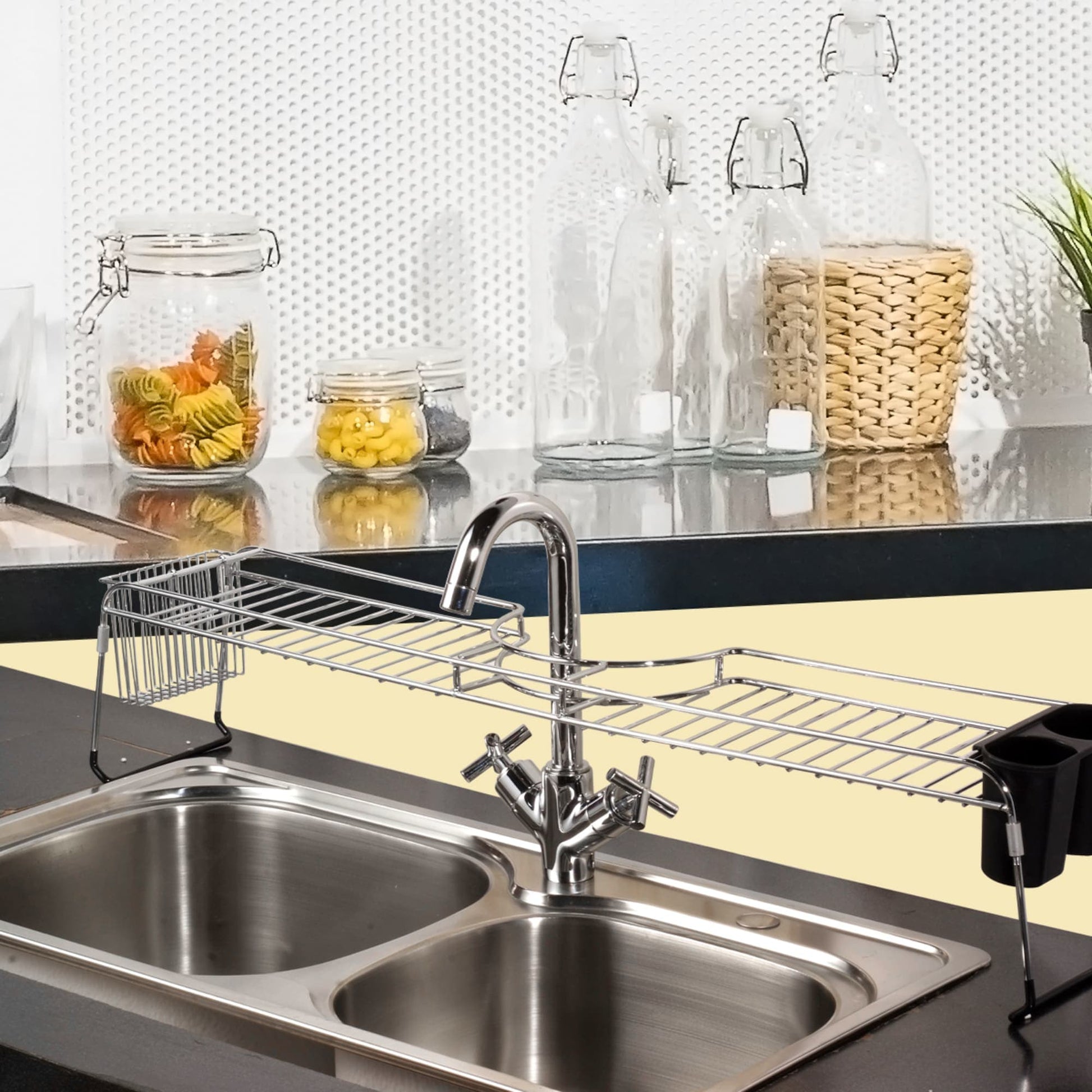 Chrome Plated Steel Faucet Spacer Over the Sink Shelf with Cutlery