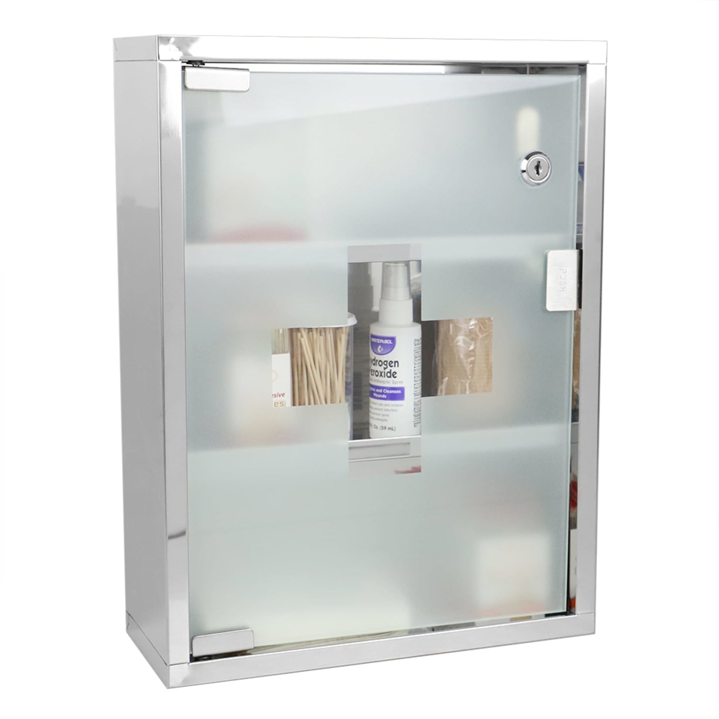 3 Shelf Frosted Glass Surface Mount Medicine Cabinet with Keys, Silver