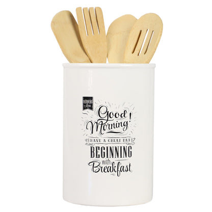 Breakfast Ceramic Utensil Crock, White