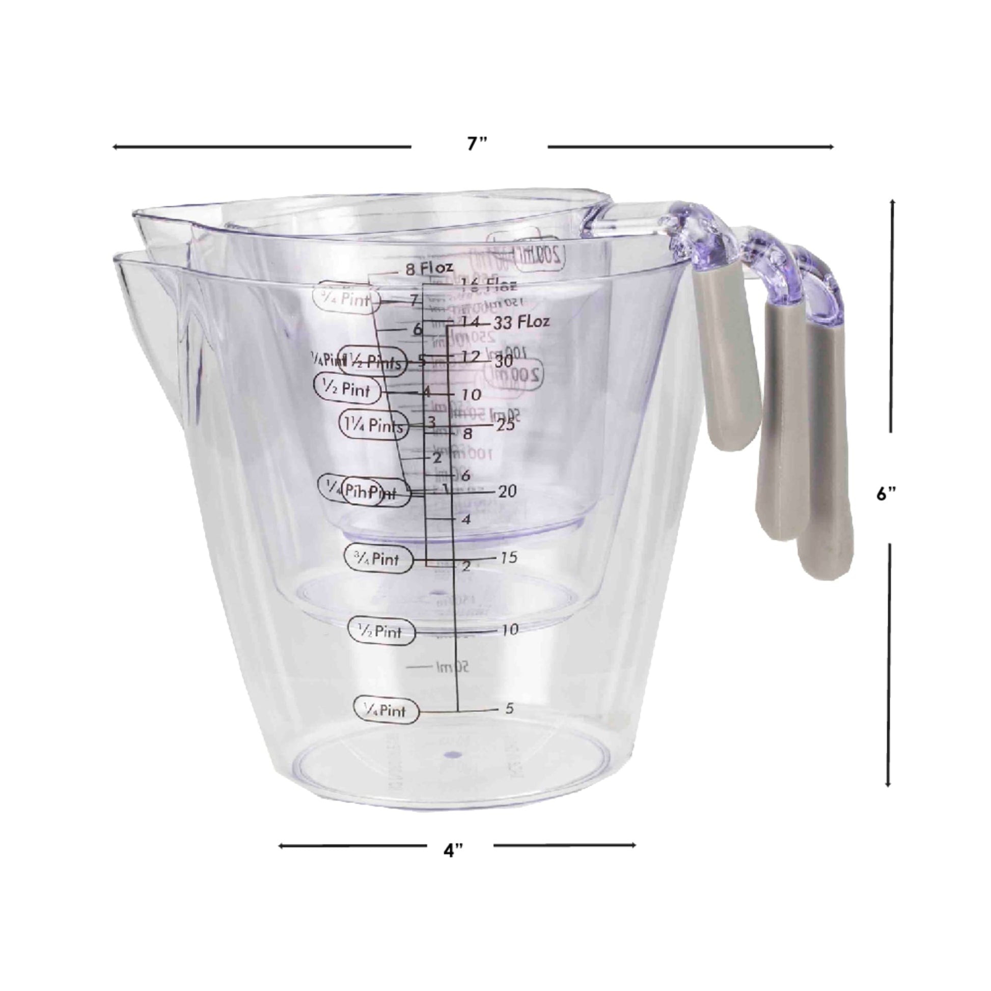Precise Pour 3 Piece Plastic Measuring Cup Set with Short Easy Grip Handles,  Clear 