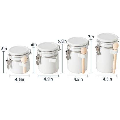 4 Piece Ceramic Canister Set with Wooden Spoons, White