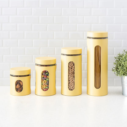 4 Piece Stainless Steel Canisters with Multiple Peek-Through Windows, Yellow