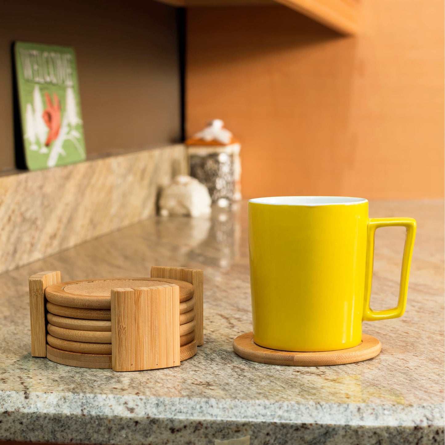 4.5" Bamboo Coaster Set, (Pack of 6) with Holder, Natural