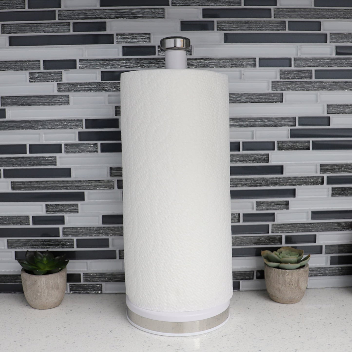 Michael Graves Design Soho Freestanding Tin Paper Towel Holder with Easy Twist On Finial, White
