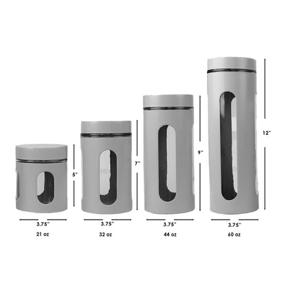 4 Piece Stainless Steel Canisters with Multiple Peek-Through Windows, Grey