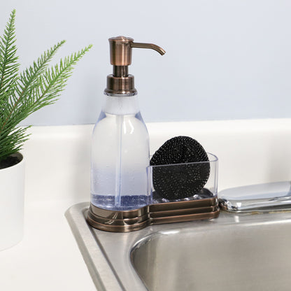 Plastic Soap Dispenser with Brushed Steel Top  and Fixed Sponge Holder, Bronze