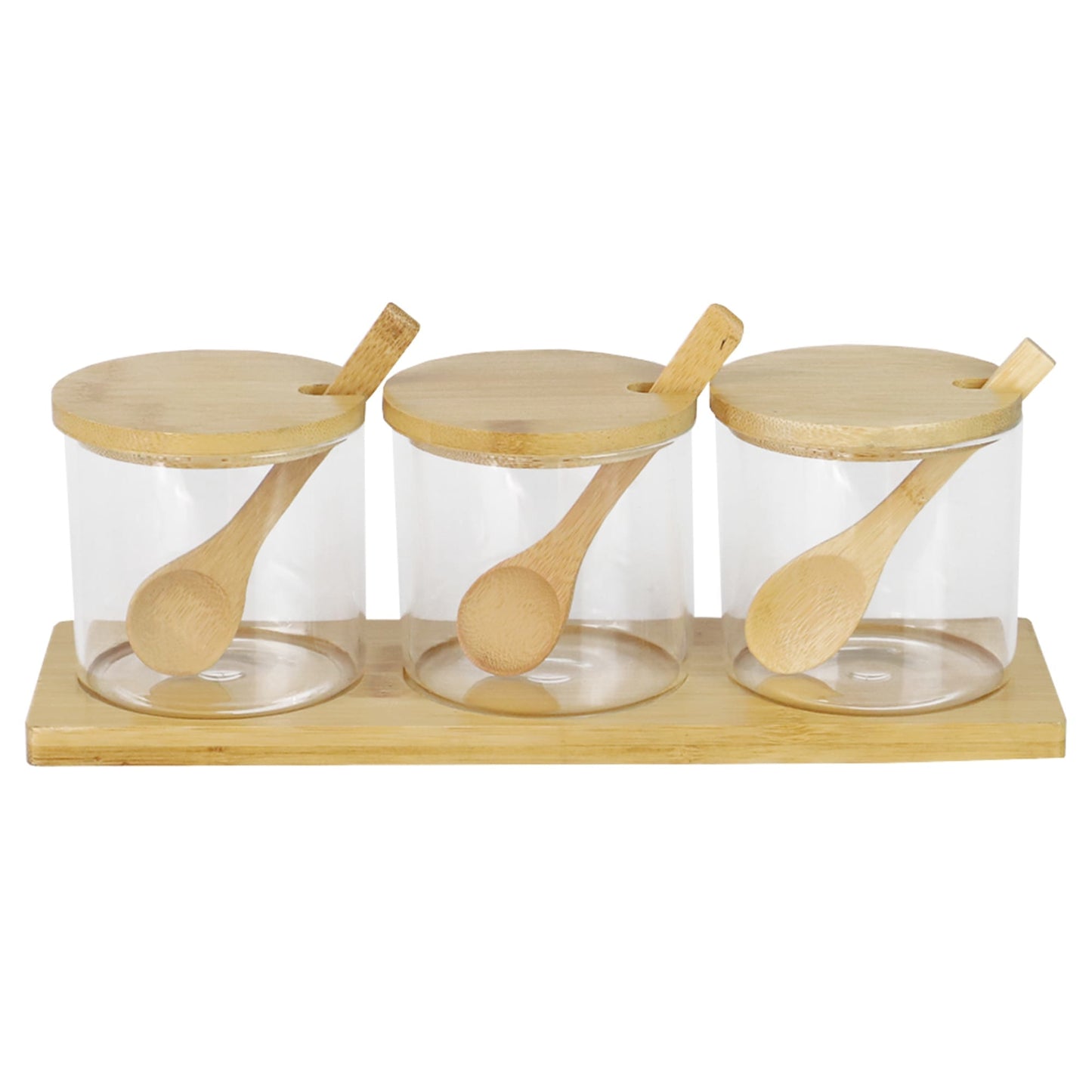 3 Piece Glass Cruet Set with Bamboo Base and Spoons