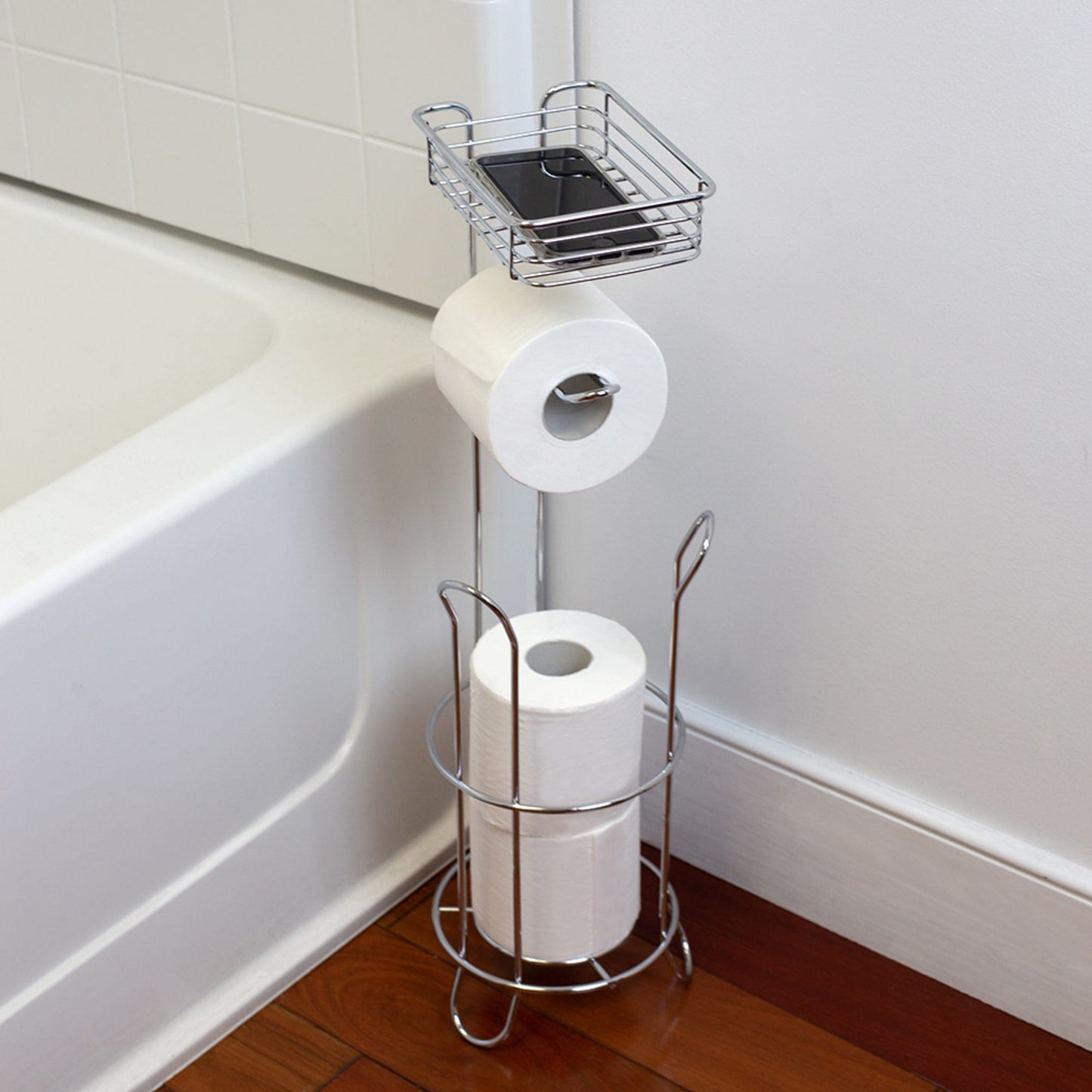Free Standing Dispensing Toilet Paper Holder with Built-in Accessory Tray, Silver