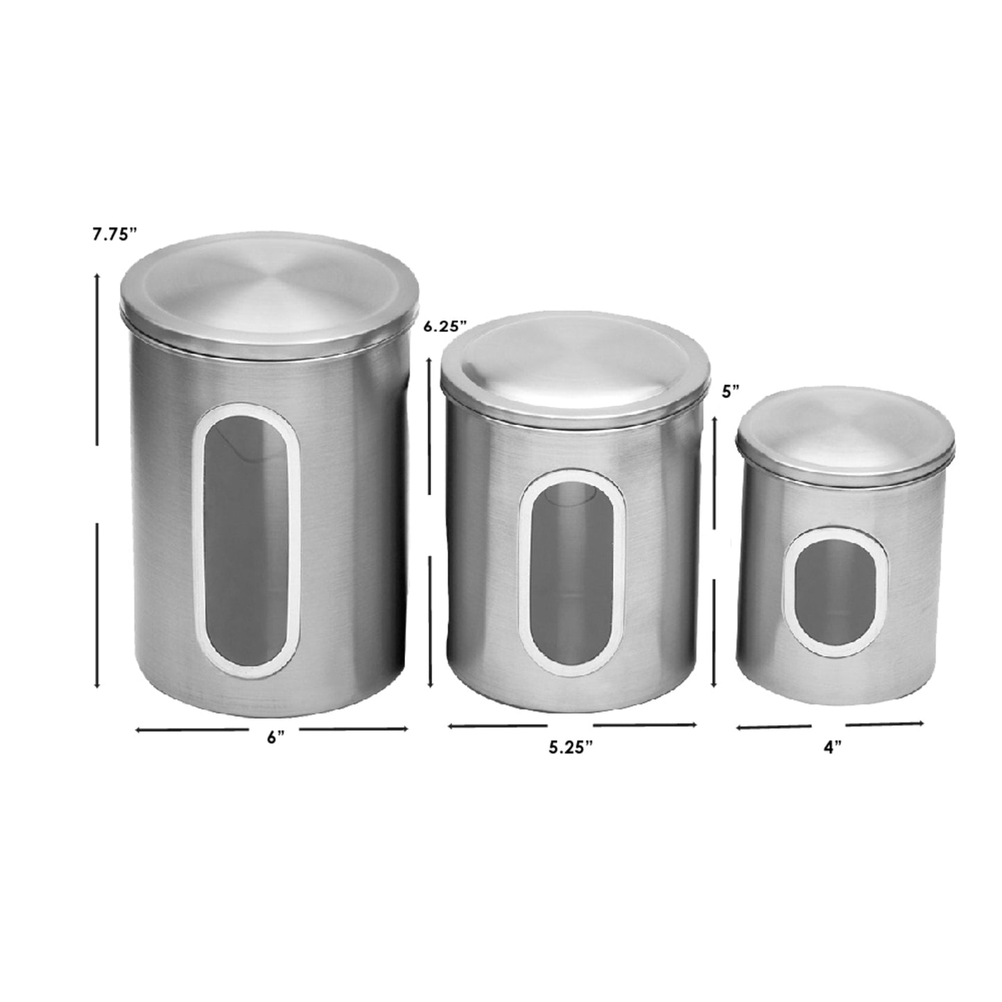 3 Piece Stainless Steel Top Canisters with Windows, Silver