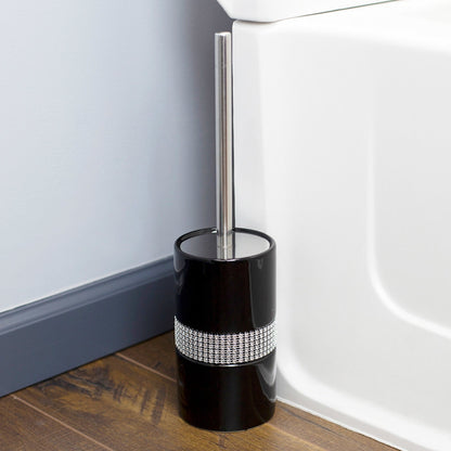 Sequin Accented  Ceramic  Luxury  Hideaway Toilet Brush Holder with Steel Handle, Black