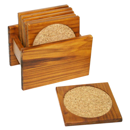 Pine Wood Square Coasters with Absorbent Cork Insert, (Set of 6), and Holder