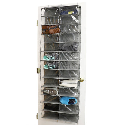 26 Compartment Over the Door Shoe Organizer (Non-Woven Fabric), Grey/Clear