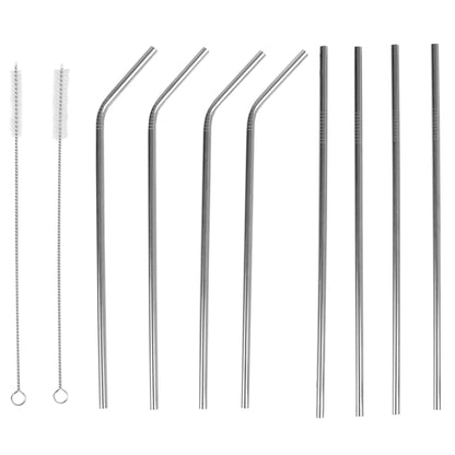 10 Piece Reusable Stainless Steel Drinking Straw Set, Silver