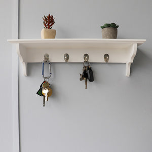Wood Floating Shelf with Key Hooks, White