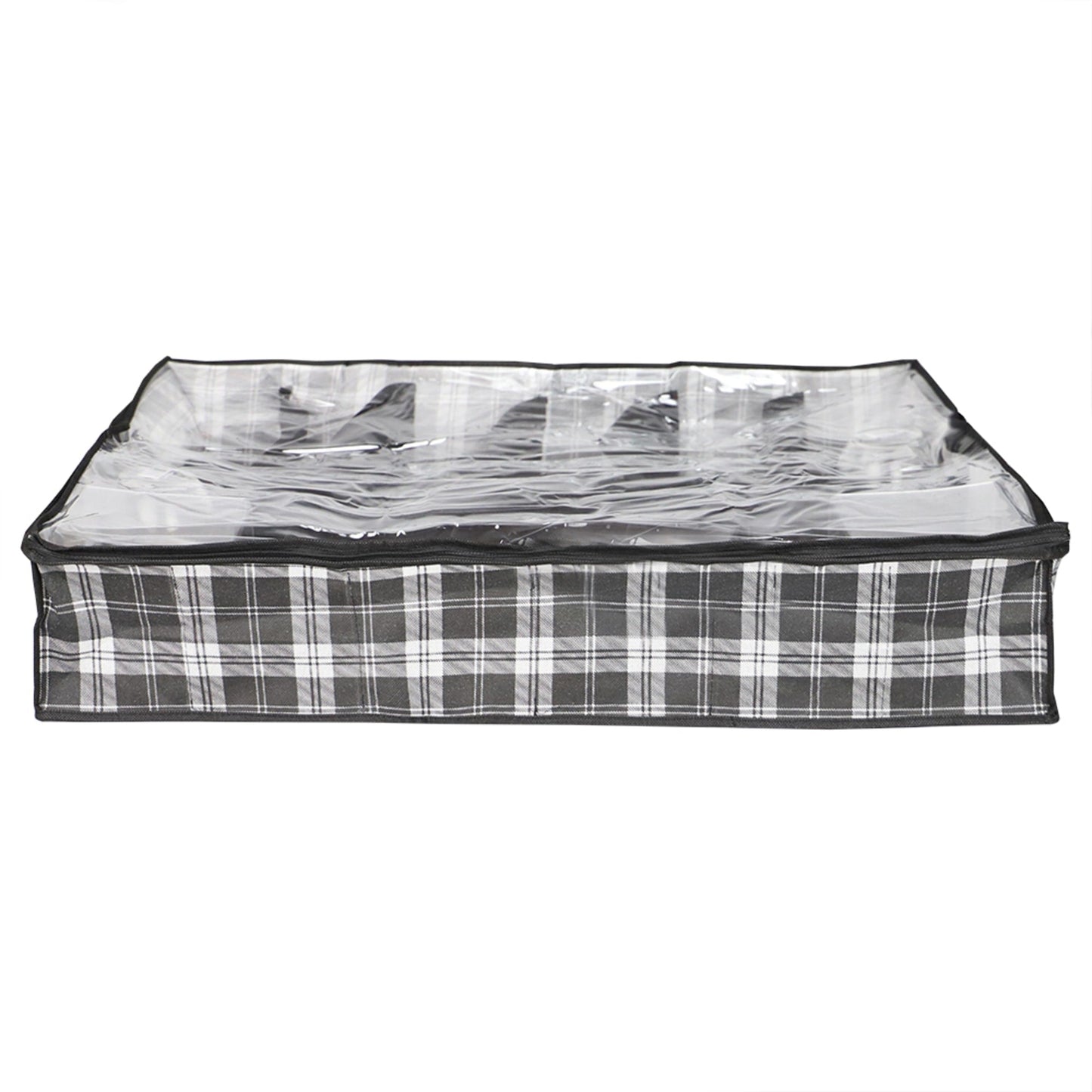 Plaid Non-Woven 12 Pair Under the Bed Shoe Organizer with Clear Top, Black