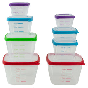 16 Piece Nesting Plastic Food Storage Container Set with Multi-Color Snap-On Lids