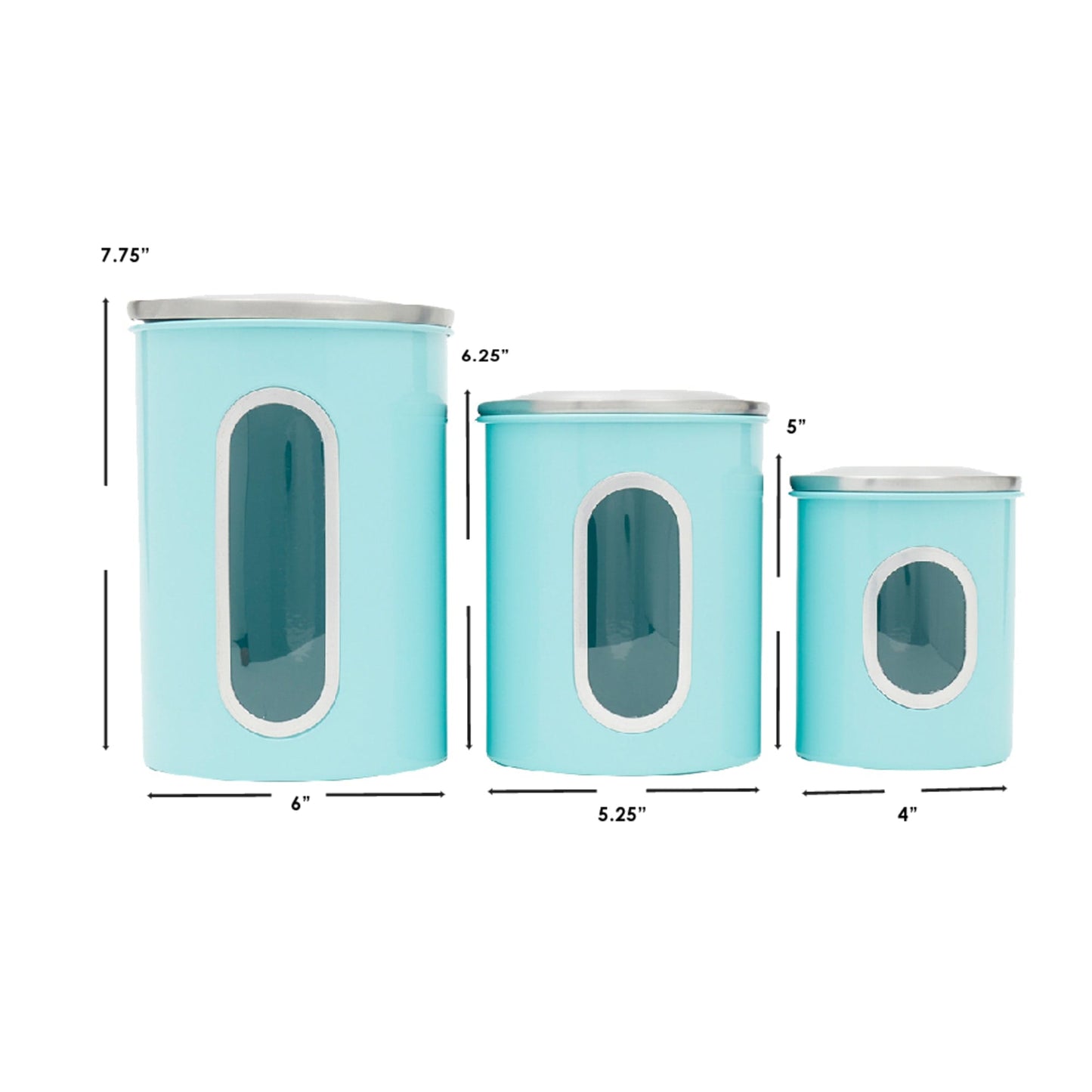 3 Piece Stainless Steel Top Canisters with Windows, Turquoise