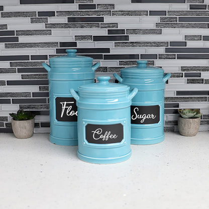 3 Piece Ceramic Canisters with Chalkboard Labels, Turquoise