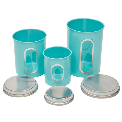 3 Piece Stainless Steel Top Canisters with Windows, Turquoise