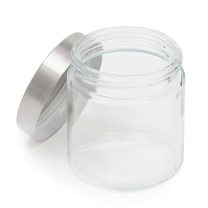 Small 25 oz. Round Glass Canister with Air-Tight Stainless Steel Twist Top Lid, Clear