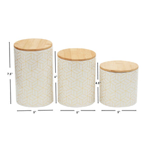 Cubix 3 Piece Ceramic Canister Set with Bamboo Top, White