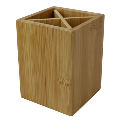4 Section Square Bamboo Pen Holder, Natural