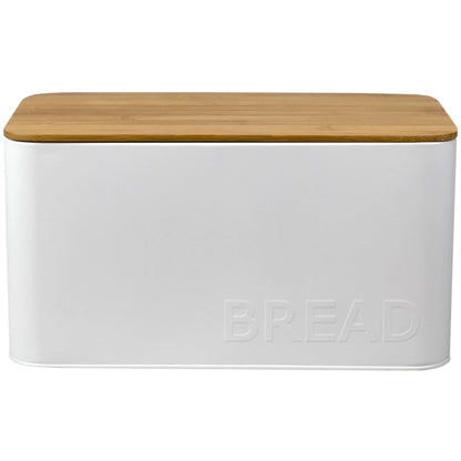 Tin Bread Box  with Bamboo Top, White