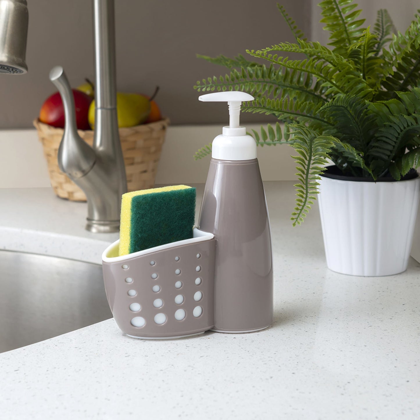 Soap Dispenser with Perforated Sponge Holder, Grey