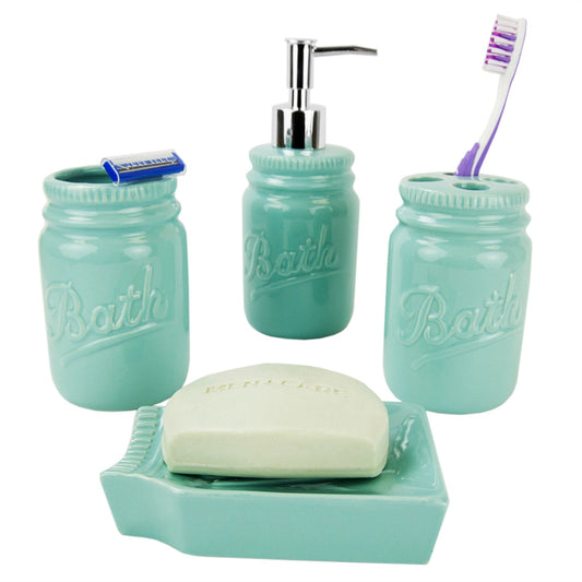 4 Piece Dolomite Mason Jar Bath Set, Mint