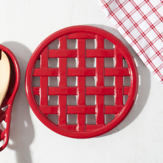 Weave Round Cast Iron Trivet, Red