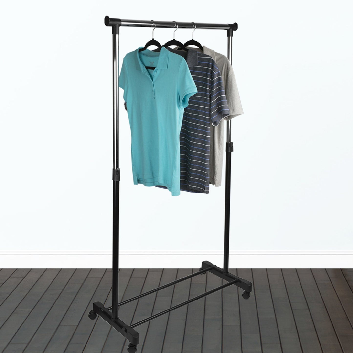 Single Rail Adjustable Rolling Garment and Wardrobe Organizing Rack, Black