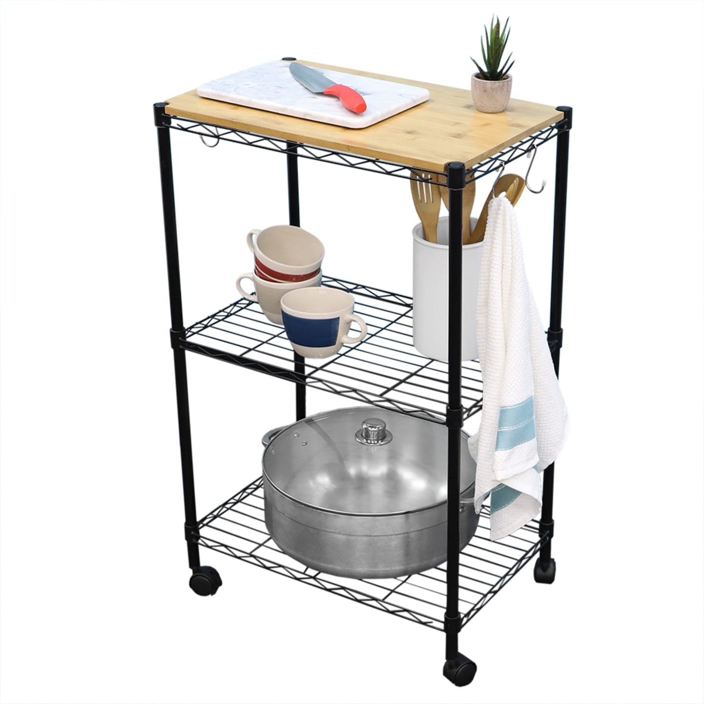 3 Tier MDF Top Kitchen Trolley with Hooks