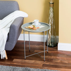 Foldable Round Multi-Purpose Side Accent Metal Table, Matte Grey