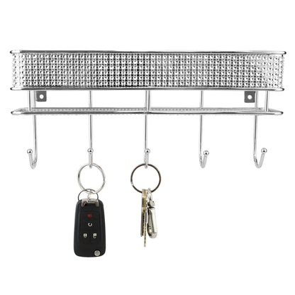 Pave Steel Wall Mount Letter Rack Organizer with Key Hooks, Chrome