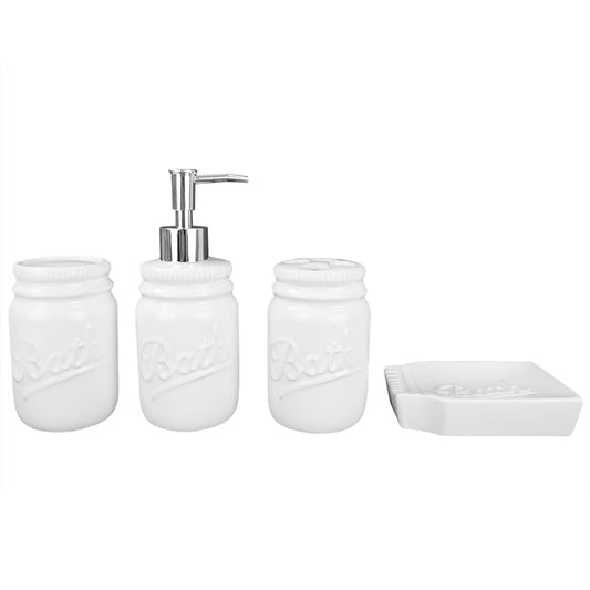 4 Piece Dolomite Mason Jar Bath Set, White